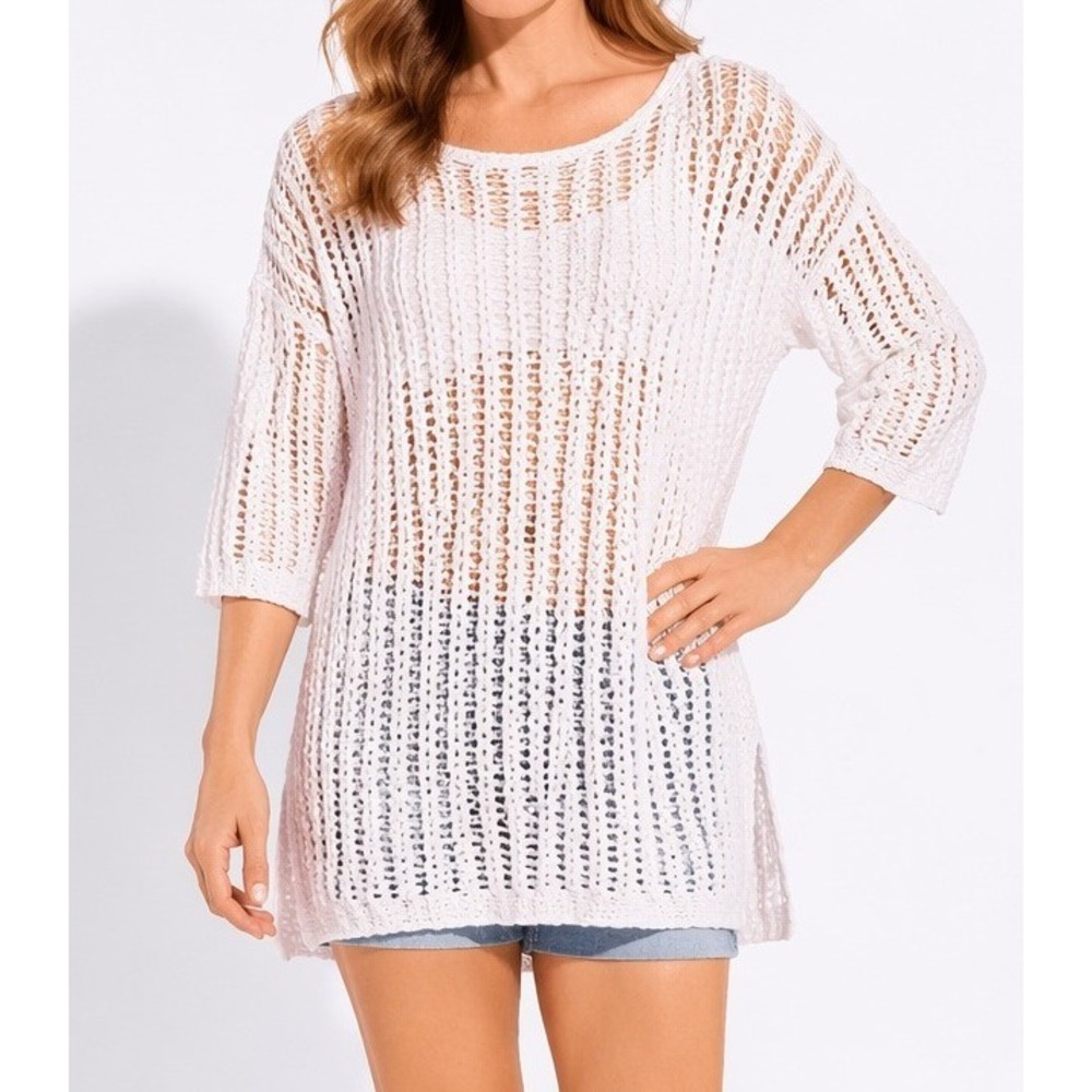 JJill Open Lace Tunic Sweater Women Large Beach Coastal Resort Fisherman Scandi